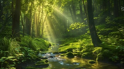 Fototapeta premium Enchanted forest with sun rays shining through trees