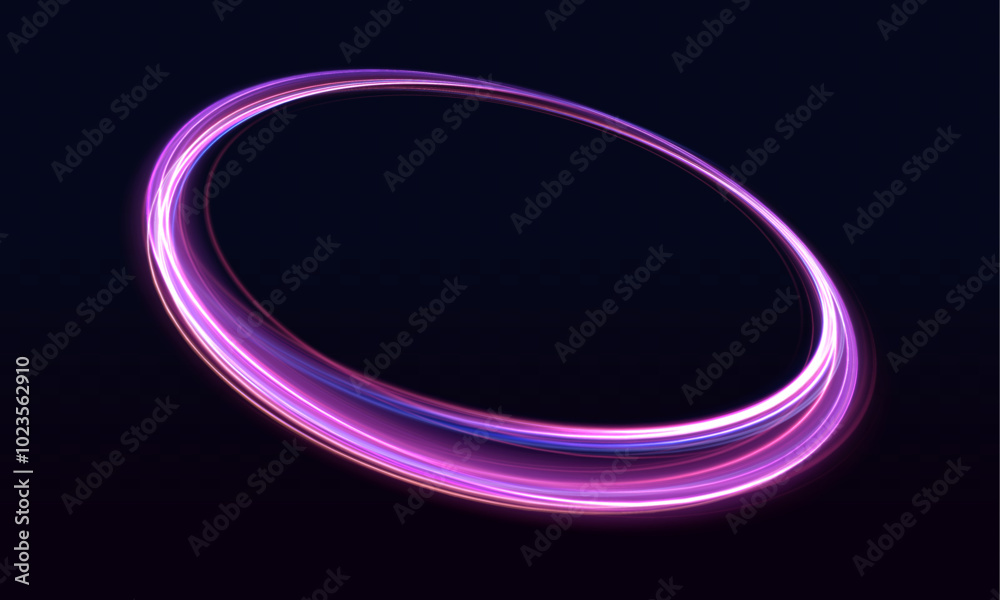 Poster Vivid neon light circles on dark backdrop, perfect for modern design elements. Neon ellipse in the form of speed. Glowing spiral. 