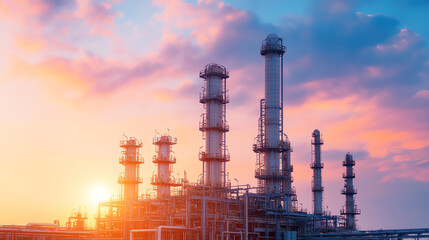 Fototapeta premium A striking industrial landscape showcasing tall smokestacks against a vibrant sunset, highlighting the blend of technology and nature in the manufacturing sector.