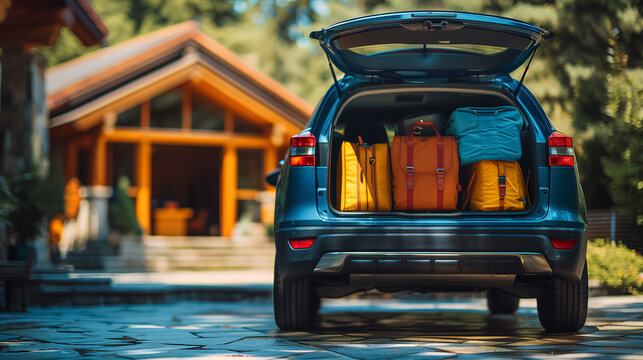 Car Trunk Loaded with Bags and Backpacks Open Ready for Adventure with City Background
