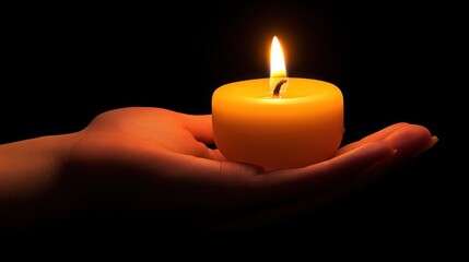 A single lit candle held in a hand against a black background.