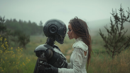 Fototapeta premium Portrait of Tomorrow Love Woman and Robot Face to Face
