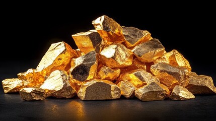 Pile of Shiny Gold Nugget Rocks on Black Background