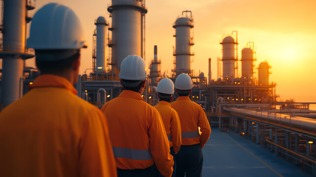 Workers in safety gear walking towards an industrial facility during sunset, showcasing teamwork and attention to safety in the workplace environment.
