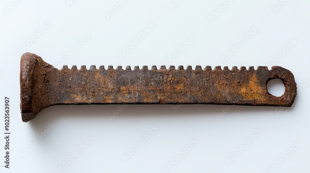 Poster rusty metal object with gear-like teeth and a circular hole