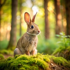 Fototapeta premium Adorable Wild Rabbit Sitting on Moss in a Sunlit Forest | beautiful rabbit Portrait