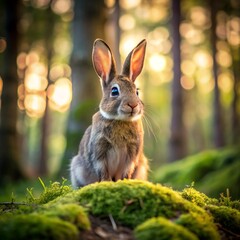 Fototapeta premium Nature Wildlife Scene with Bunny in Green Woodland During Golden Hour | a beautiful rabbit sit on the rock in the forest 