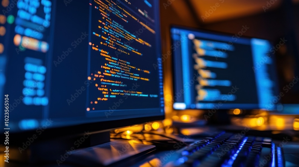 Fototapete Close-up of Computer Monitors Displaying Code with a Lit Keyboard in the Foreground