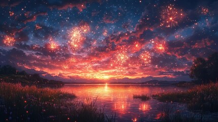 Fototapeta premium patriotic 4th of july background showcasing vibrant fireworks illuminating the night sky over a festive setting embodying the spirit of celebration and freedom