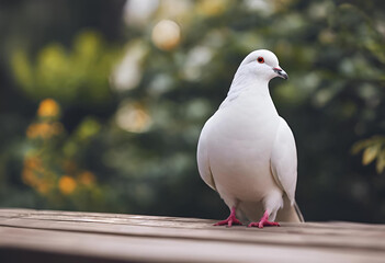 A white dove stands gracefully on a wooden surface surrounded by lush green foliage and colorful flowers during a sunny afternoon
