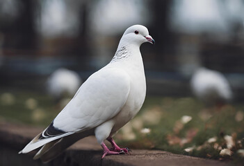 A close-up of a white pigeon standing on a stone ledge in a park during early morning with other birds in the background
