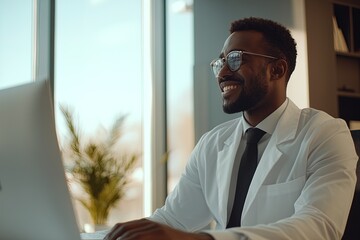 Fototapeta premium Smiling Healthcare Professional in White Coat Working on a Laptop in a Bright, Modern Office Environment During Daytime