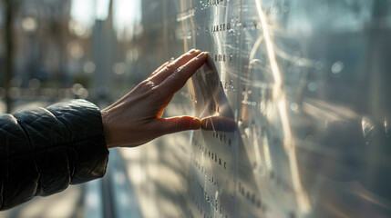 A close-up of a hand gently touching a name on a war memorial wall, with a reflection of the personâs face faintly visible.