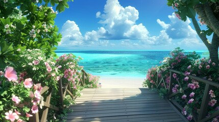 Fototapeta premium Paradise Path Tranquil Beach Escape with Vibrant Floral Border and Pristine Waters