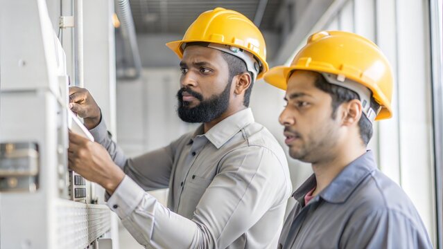 Side-by-side profile view of two india workers inspecting and maintaining buildings and equipment. Upper body close-up. 