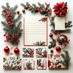 Christmas-themed stationery, isolated on white background. 