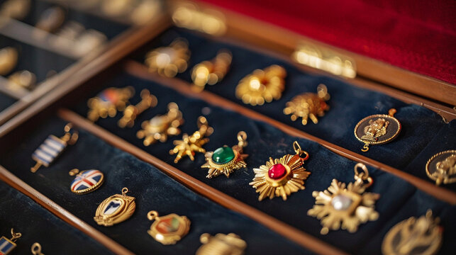 A close shot of a set of military rank pins and badges neatly arranged on a velvet-lined display case.