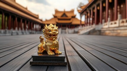 Golden Chinese Guardian Lion Statue in Front of Temple