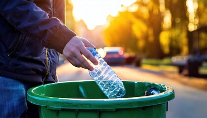 close up . Person throws plastic bottle into a public trash can