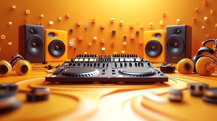 Fototapeta premium A vibrant illustration of electronic dance music instruments, including DJ turntables, synthesizers, and drum pads, placed in a spiral pattern on a pastel magenta background.