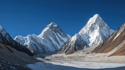 Panoramic view of snow-capped mountains against a clear blue sky with a valley in the foreground.