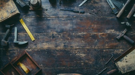 A rustic wooden table with various tools laid out around the edges, leaving an open space in the centre.