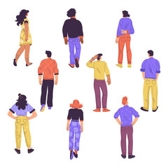 Fototapeta premium People Character Standing from Behind Back View Vector Set