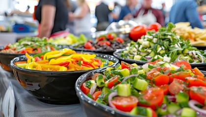 Vibrant culinary display at a catered event with guests socializing in the background