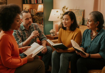 Four people sitting on a couch and armchairs are discussing a book they are holding in their hands