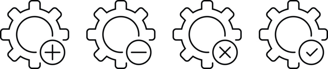 Gear and button with a cross, plus, minus and tick sign. Editable Stroke. Vector illustration