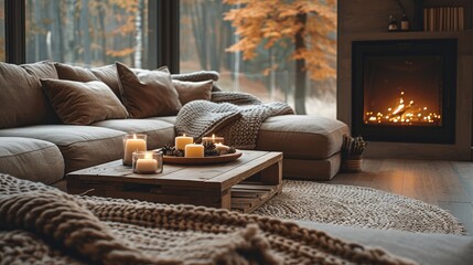 Living room, a cozy winter garden on a rainy autumn day. Brown comfortable sofa, rustic wooden coffee table. Blankets, rug, pillows, candles, and a fireplace.