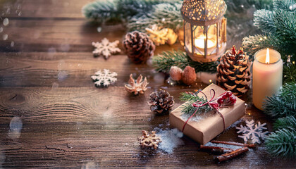 Rustic winter wonderland Christmas backdrop with cozy decorations and natural textures.