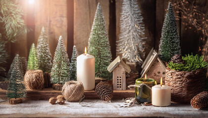 Rustic winter wonderland Christmas backdrop with cozy decorations and natural textures.