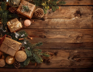 Rustic themed Christmas backdrop with festive decorations, including wooden accents and warm colors.