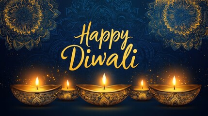 Beautifully decorated oil lamps illuminate a dark backdrop, marking the joyous Diwali celebration