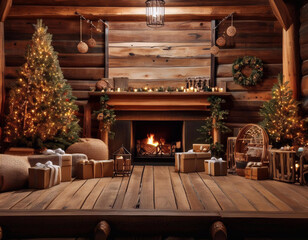 Rustic themed Christmas backdrop with festive decorations, including wooden accents and warm colors.
