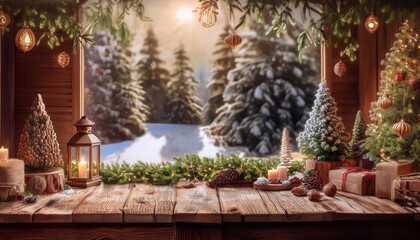 Rustic winter wonderland Christmas backdrop with cozy decorations and natural textures.