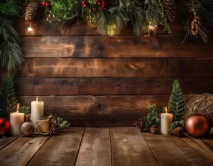 Rustic themed Christmas backdrop with festive decorations, including wooden accents and warm colors.