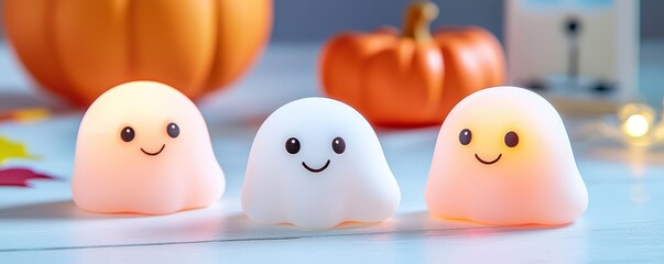 A glow-in-the-dark Halloween candle with a ghost-shaped container, featuring white wax that glows under black light, and a vanilla pumpkin scent for a fun, eerie effect.