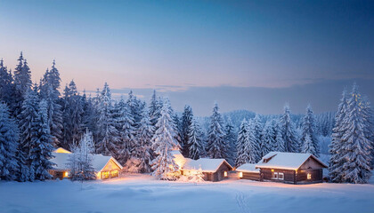 A winter village scene with snow-covered houses in peaceful winter forest scene at dusk with snow-covered trees.