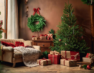 Christmas backdrop adorned with festive decorations and beautifully wrapped Christmas gifts