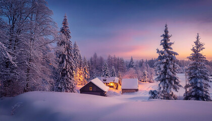 A winter village scene with snow-covered houses in peaceful winter forest scene at dusk with snow-covered trees.