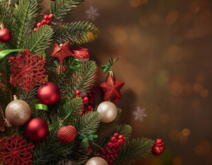 Christmas backdrop with festive decorations featuring a red and green theme, creating a classic holiday atmosphere.