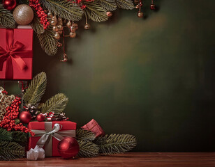 Christmas backdrop with festive decorations featuring a red and green theme, creating a classic holiday atmosphere.