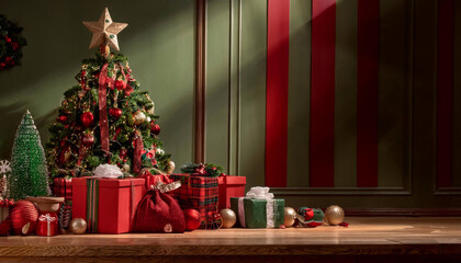 Christmas backdrop with festive decorations featuring a red and green theme, creating a classic holiday atmosphere.