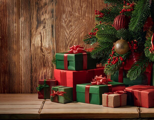 Christmas backdrop with festive decorations featuring a red and green theme, creating a classic holiday atmosphere.