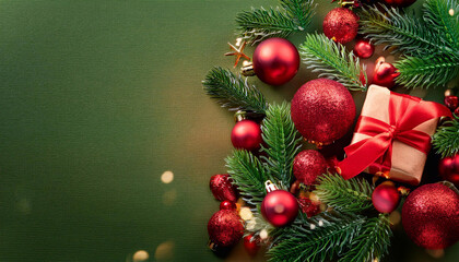 Christmas backdrop with festive decorations featuring a red and green theme, creating a classic holiday atmosphere.
