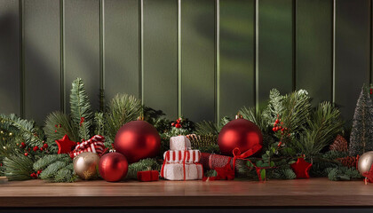 Christmas backdrop with festive decorations featuring a red and green theme, creating a classic holiday atmosphere.