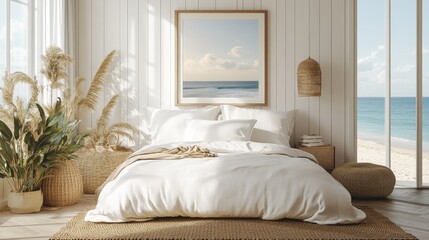 Mockup frame in bedroom interior background, Coastal boho style