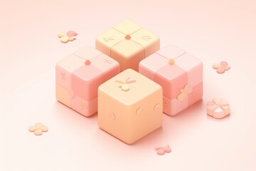 Obraz premium Four pastel-colored gift boxes with floral accents on a pink background